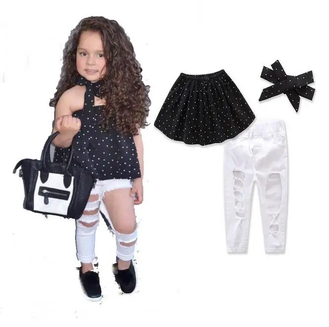 

Hot sales 2018 new Fashion Children's Children's Wave Point Bra Sleeveless Knit Shirt Top Coat Long Pants Suit Clothing Set