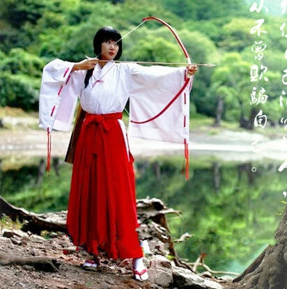 

New Popular Anime Inuyasha Cos Kikyou Cosplay Halloween Kimono Miko Clothing Full Set 5in1(Top+Pants+Belt+Bow-knot+Red string)