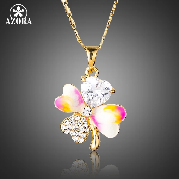 

AZORA Gold Color Four-leaf Clover Heart Top grade CZ Oil Painting Pattern Design Pendant Necklace TN0166