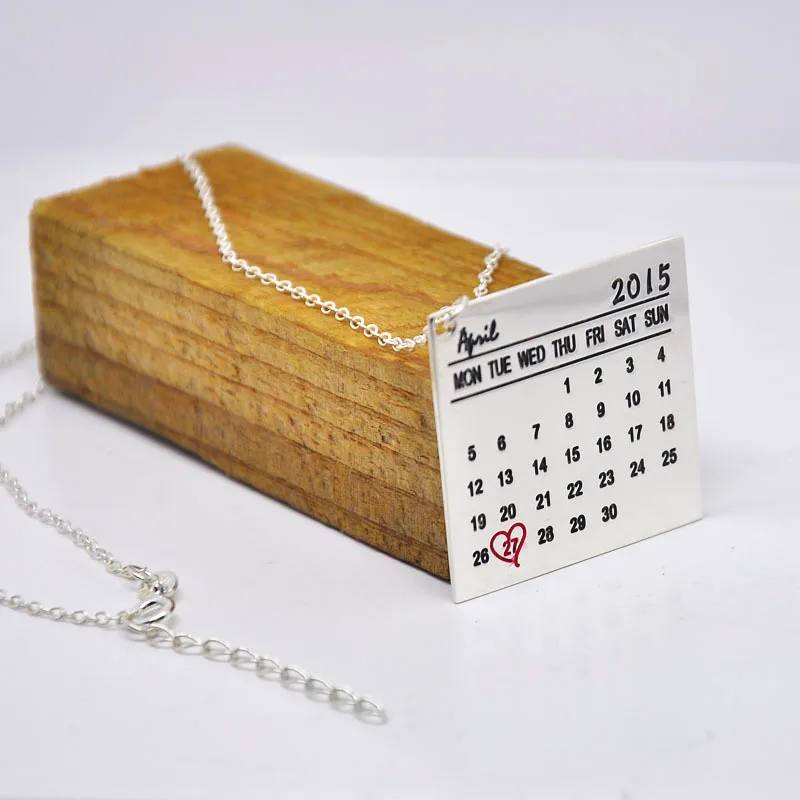 Wholesale Sterling Silver Calendar font b Necklace b font Custom Date Engraved Tag Pendent Heart Keepsake
