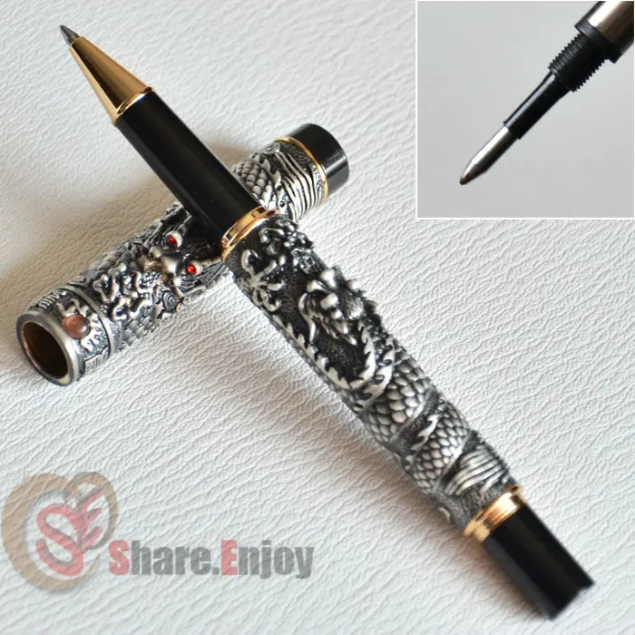Шариковая ручка JINHAO старая серая с двумя бусинами DRAGON PLAY медная золотым и