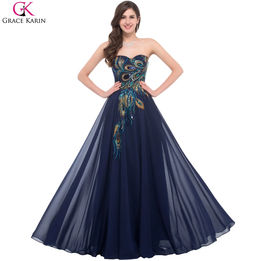 2017 Plus Size Evening Dresses Sexy Grace Karin Peacock Sweetheart Lace-up Chiffon Dress Elegant Long Formal Evening Gowns