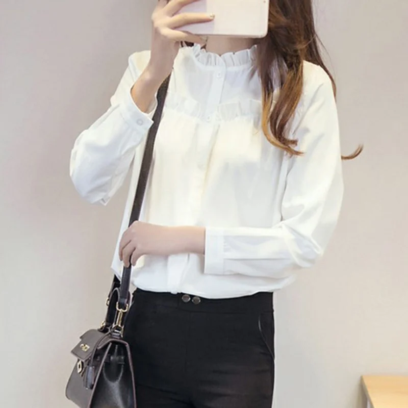 Korea Style Women Top Ruffled Collar Peplum Long Sleeves Elegant Plain