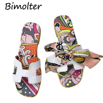 

Bimolter Summer Women's Slippers Cow Leather Femme Beach Shoes Slides Outdoor Slippers Print Colorful Chanclas de mujer FC150