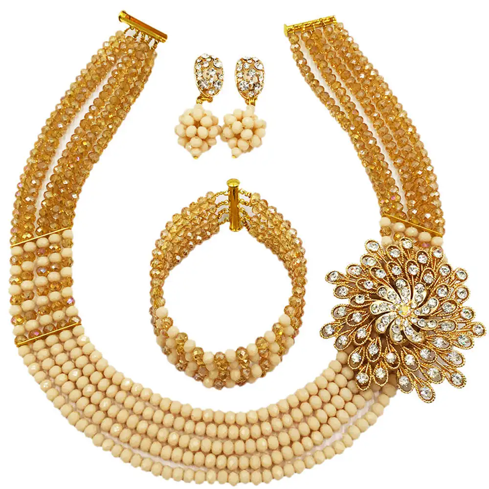 Fashion Gold Ab Beige Crystal Beaded Necklace Nigerian Wedding African