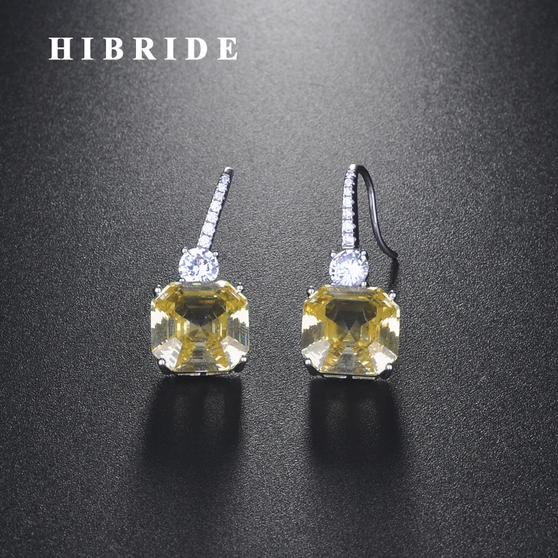 

HIBRIDE New Design Brilliant Square Yellow Cubic Zircon Dangle Drop Earrings For Women Birdal Accessories Jewelry Gift E-916