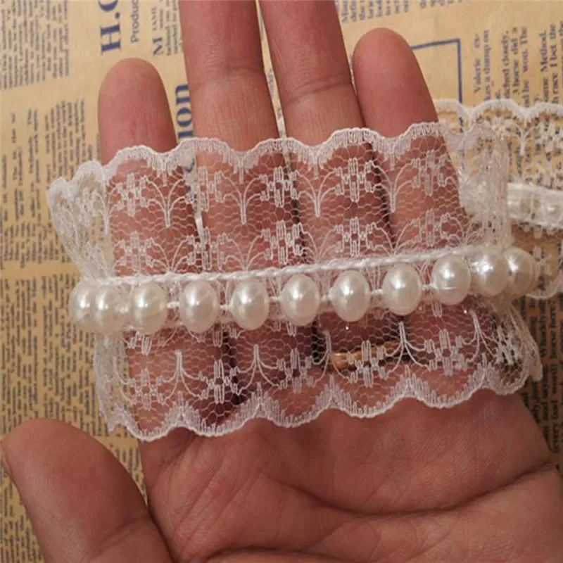 

Fashion Wedding Decoration 1Yard White Color Imitation Pearls Beaded Lace Embroidered Edge Ribbon