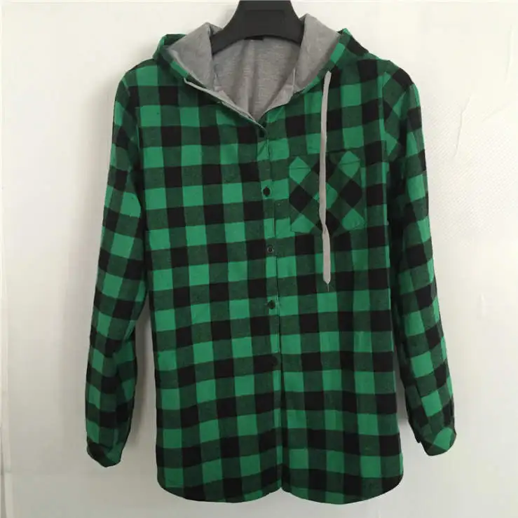 HZIJUE Женская Повседневная красная клетчатая рубашка с капюшоном и длинным рукавом, английская рубашка, топы, Мужская черная Клетчатая блуза Harajuku, одежда для пар - Цвет: Зеленый