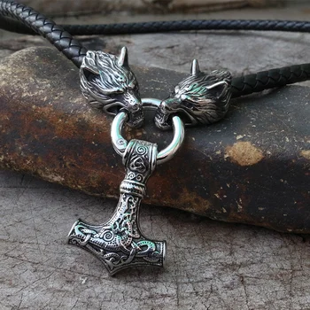 

Men stainless steel necklace viking wolf head with thor's hammer mjolnir necklace pendan norse talisman ethnic jewelry