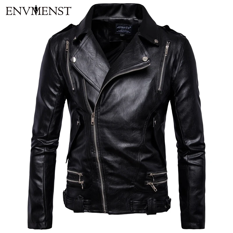 

Envmenst New PU Motorcycle Leather Jackets Men Autumn Winter Clothing Multi-zipper Stand Collar Male Casual Coats