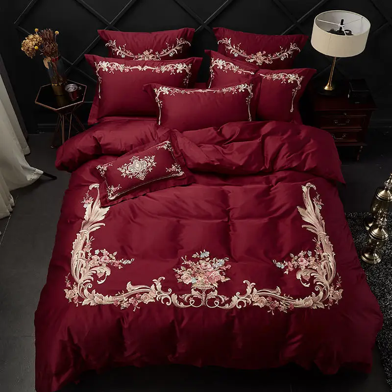 Wine Red Luxury Egyptian Cotton Embroidery Queen King size Bedding Set