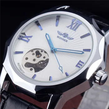 

WINNER Brand Blue Pointer Watch Men Clock Business Mechanical Automatic Bracelet Watches Leather Strap Silver Male Wristwatch