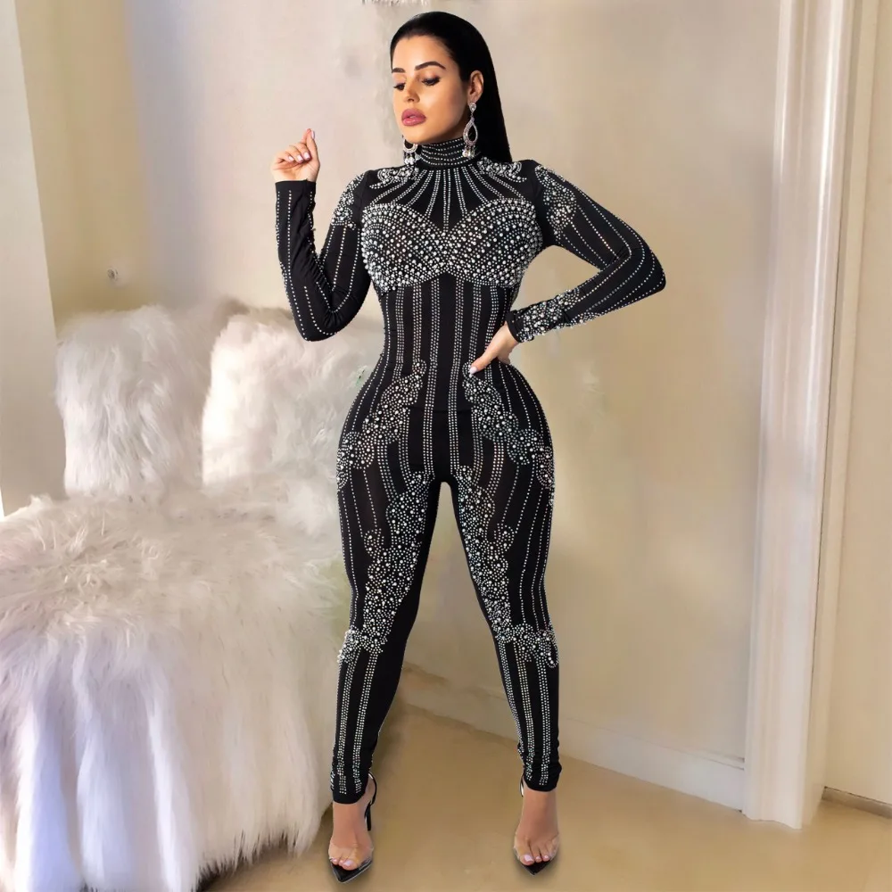 High Quality Women Full Bodysuits Rhinestone Women Fashion Jumpsuits