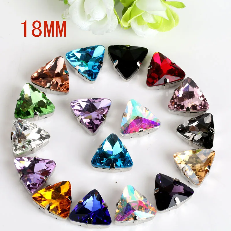 

18mm 20pcs multicolour triangular shape crystal Glass flatback sew on rhinestones with claw DIY accessory