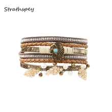 STRATHSPEY pulseras de cuero y brazaletes para mujeres bohemio filas múltiples belleza cabeza de piel estrás envolvente pulsera de cuentas de cristal