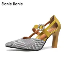 Sianie Tianie houndstooth doce senhora sapatos de verão finos sapatos de salto alto slingback hortelã cor mostarda mulher sandálias sandalia feminina