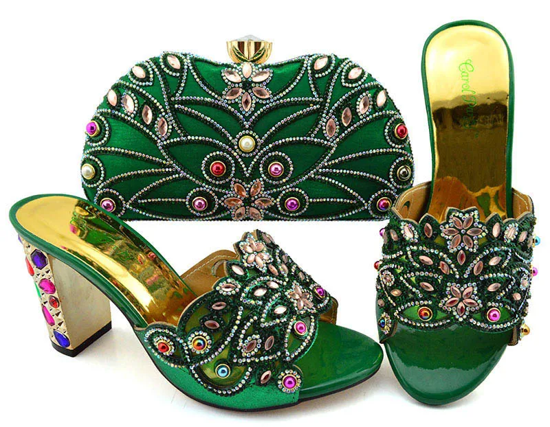 

New Green African Party slipper and Bag To Matching Lace Clothing Shoe and Bag Set Decorated with Crystal Italian Matching Shoes