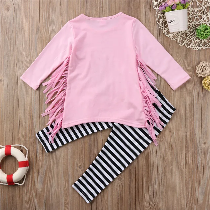 Emmaaby/осенне-зимняя одежда для маленьких девочек из 2 предметов детский топ с длинными рукавами и перьями и кисточками+ штаны в полоску; комплект одежды для малышей
