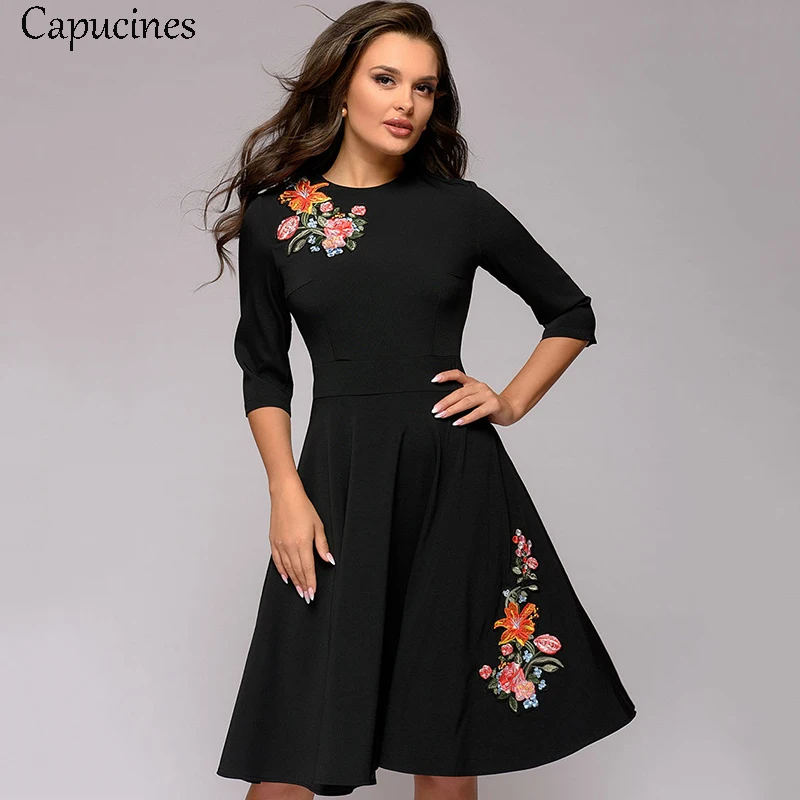 Capucines Мода 2019 Аппликация Черное платье женское Весна осень O образный вырез с