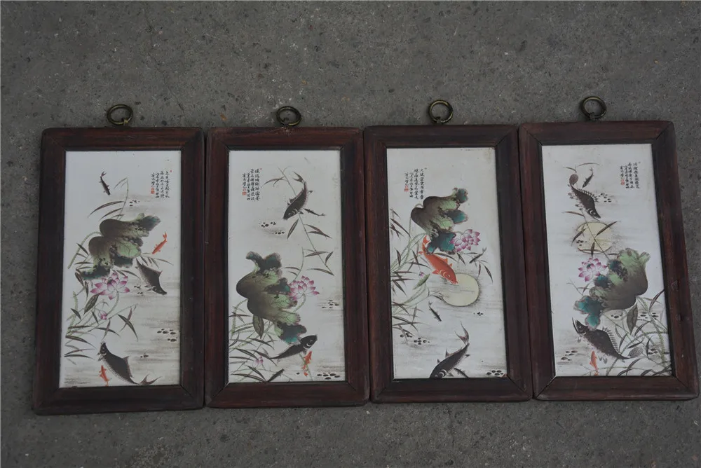 

Antique QingDynasty Handmade porcelain brand painting,Lotus&Fish,4 pieces/pack,Hand-painted crafts,best collection& adornment