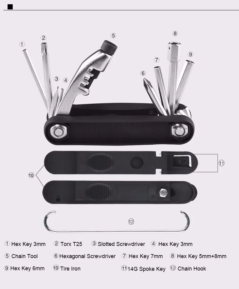 22Multi-function ROCKBROS 12 in 1 Bicycle Pocket Repair Tools Set Folding Mini Cycling Bike Maintaining Tools Chain Hook Hex Key