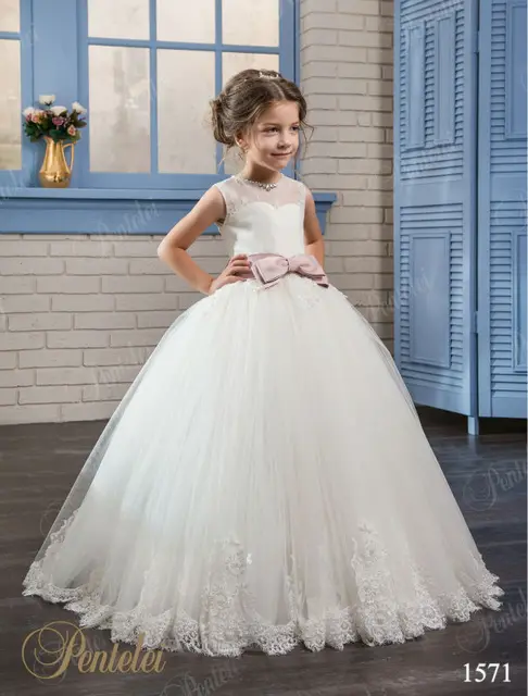 Cheap A-Line Flower Girls Dresses For Wedding Gown Lace Kids Beauty Pageant Dresses Ankle-Length Communion Dresses vestido longo