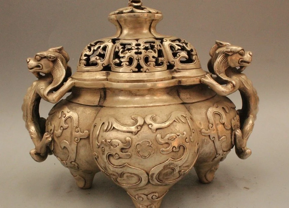 

8" Marked Chinese China Silver Dragon Foo Fu Dog Statue Incense Burner Censer