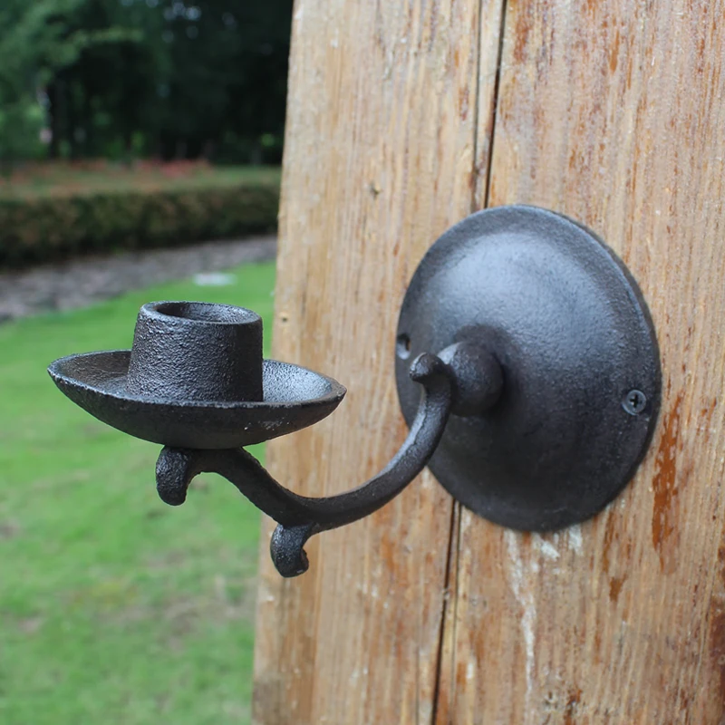 

European Antique Effect Rustic Accents Indoor and Outdoor Rust Cast Iron Metal Stick Candle Holders Pair with Round Mounted Base