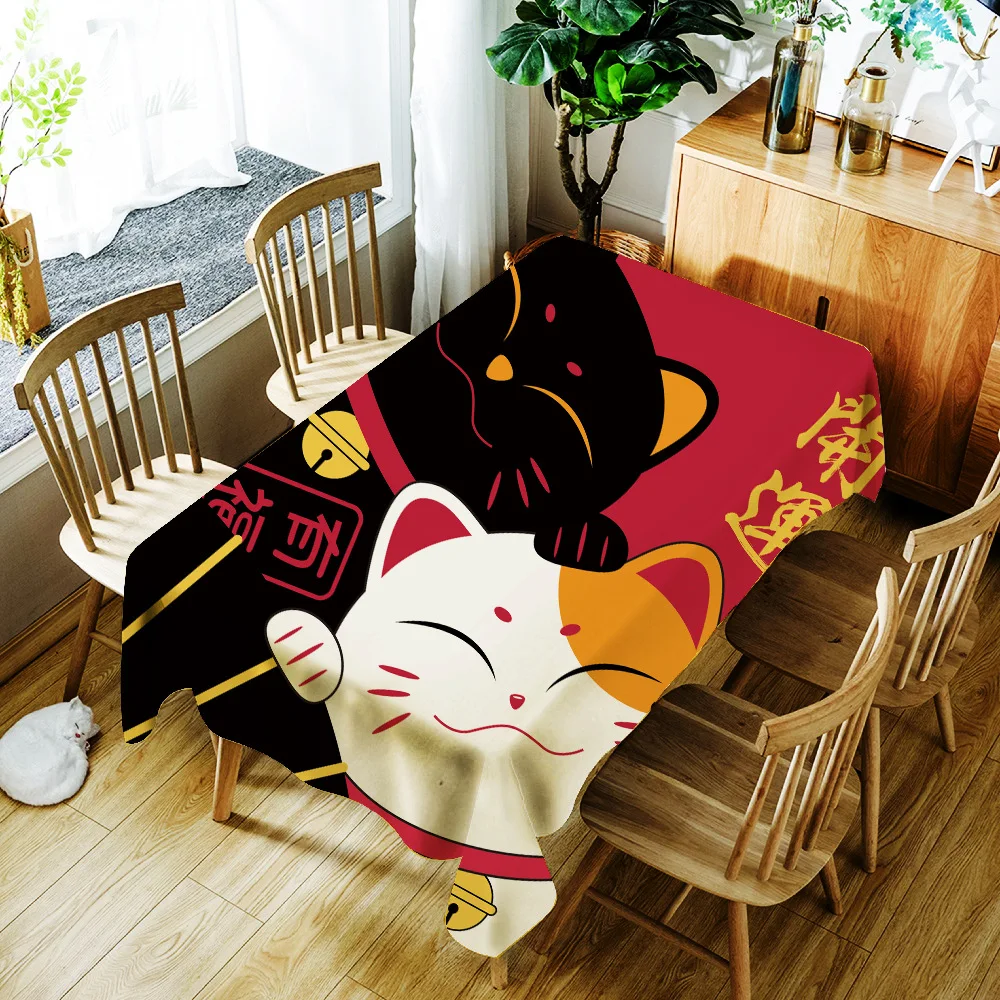  Cartoon Lucky Cat and Fish Printing Tablecloth Japanese Style Polyester Waterproof Table Cloth for 