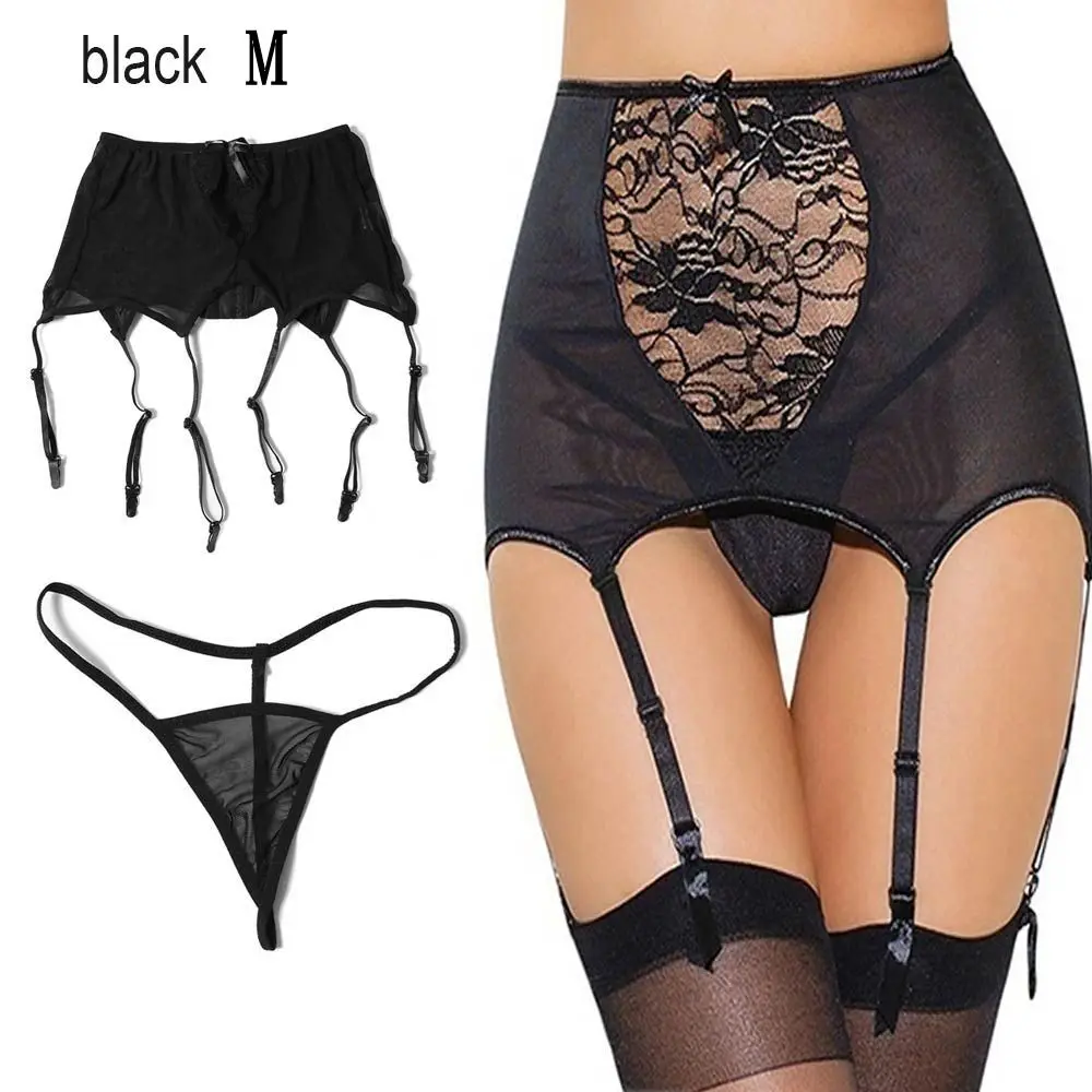 Okdeals Women Fashion Sexy Hollow Babydoll Stocking Suspender Lace Garter Belt+ G-string Thigh-Highs Suspender Set Plus Size - Цвет: black M