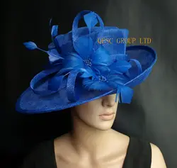 Кобальт Королевский синий Sinamay шляпа формальное платье шляпа с перьями цветок для Кентукки Дерби. Свадебный церковный. Вечерние