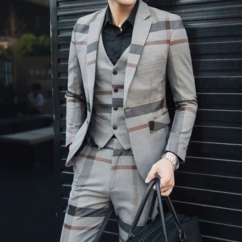 

5XL Formal Dress Grey Mens Wool Suits Mens Vintage Suits Plaid 3 Piece Suit Men Heren Kostuums 3 Delig Trajes Formales De Hombre