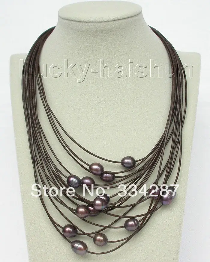 

15row 14mm black pearls leather necklace magnet clasp