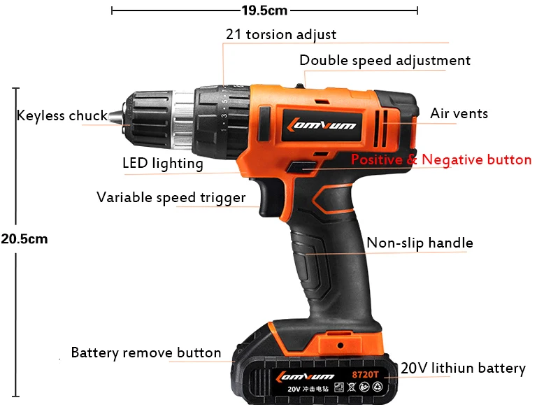 20V Impact Drill Reversible rechargeable cordless electric screwdriver hand Percussion electric charging drill power tool (5)