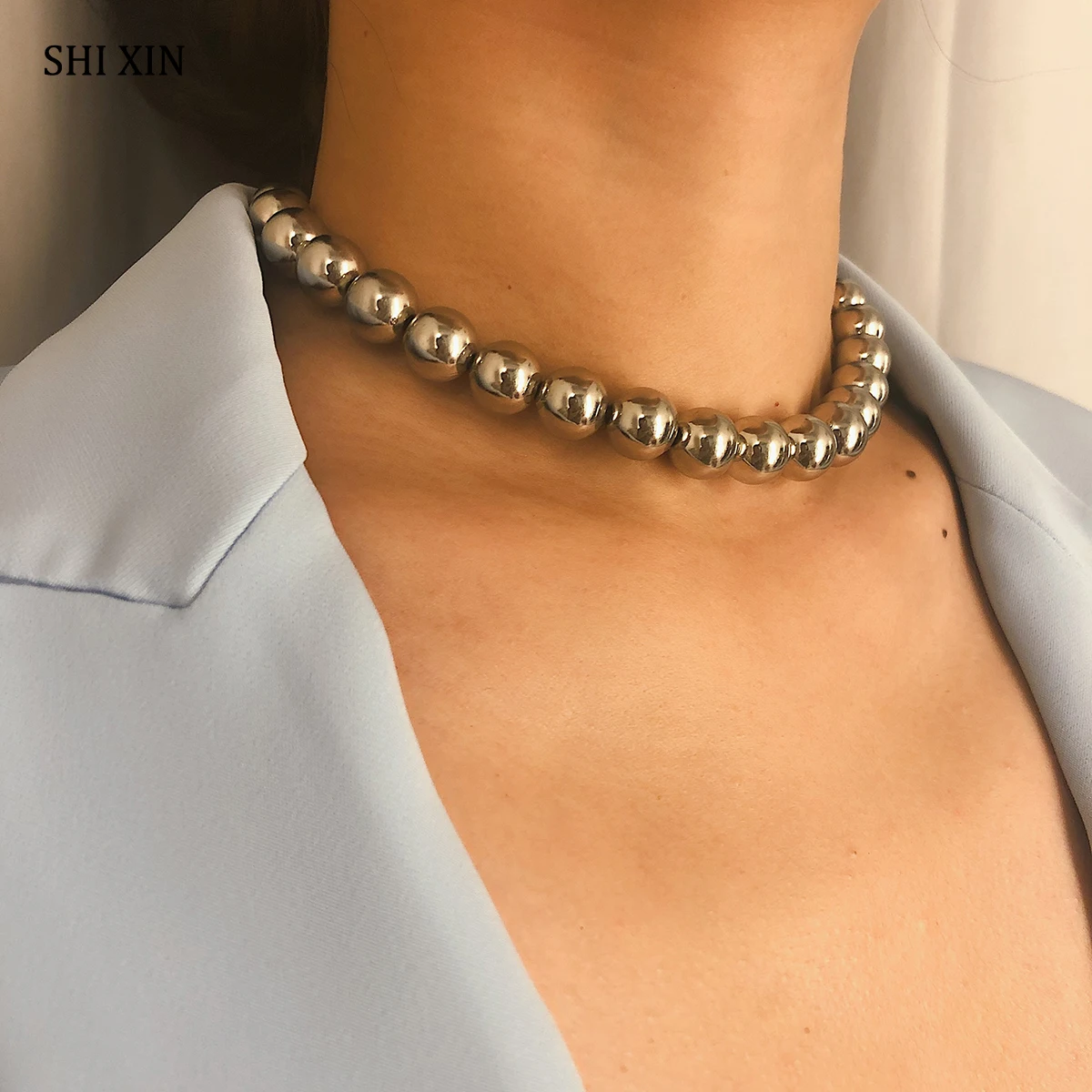 SHIXIN Punk CCB Bead Necklace for Women Gold/Silver Short Choker Necklace Fashion Simple Jewelry Checker Neck Collier Femme