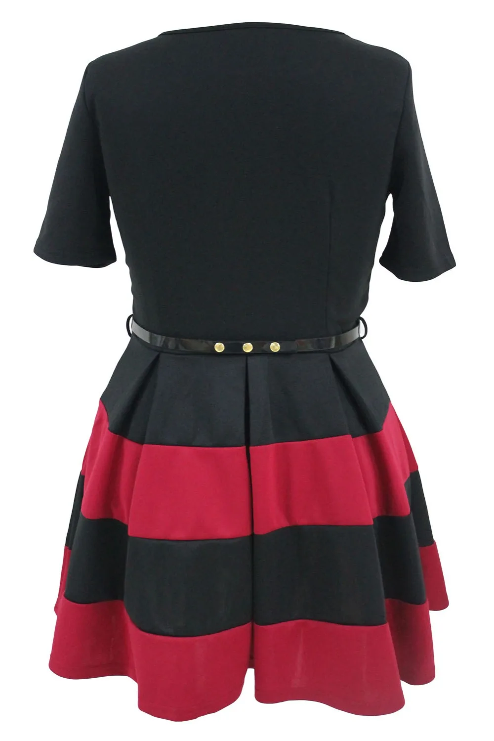 Burgundy-Stripes-Detail-Belted-Plus-Size-Skater-Dress-LC22806-3-4