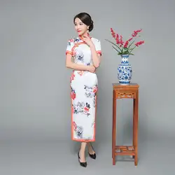 Новый Для женщин Длинные атласные воротник-стойка Cheongsam с цветочным принтом многоцветный Qipao Плюс Размеры пикантные китайское платье Vestidos