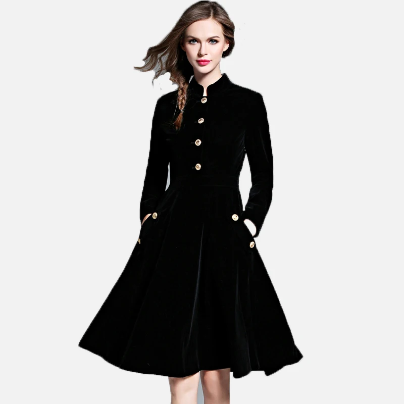 

New 2017 Winter Vintage Luxury Women Dress Maxi Vestidos Solid Long Sleeve Stand Fashion Velvet Silm A-line Black Dress Mujer