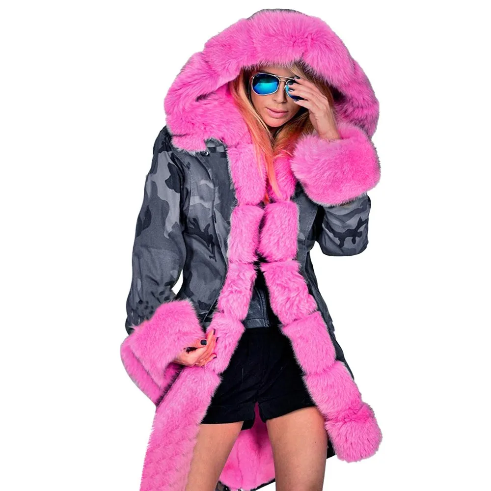 

New Womens Long Sleeves Faux Coat Winter Jacket Parka Hooded Fishtail Overcoat Camouflage Hooded Cotton Jacket Fuffy Nove7