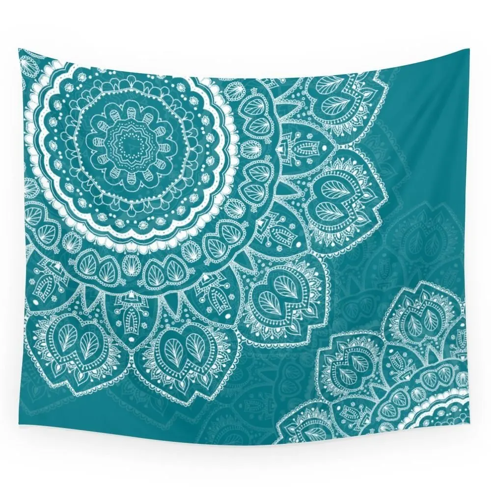 Mandala Tapestry Mandala In White On Teal Printed Wall Hanging Tapestry