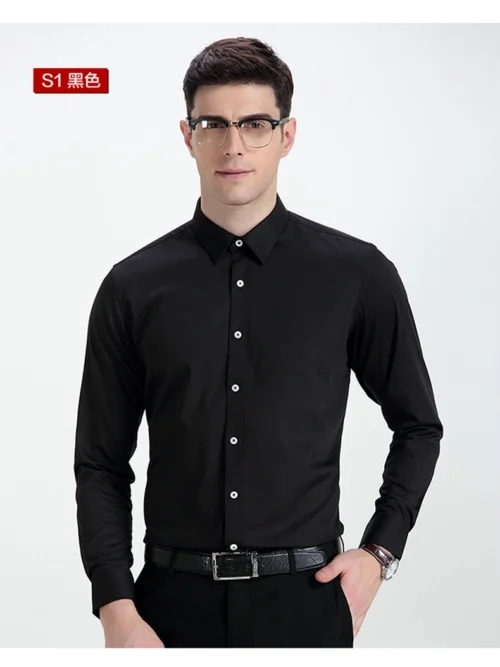 Новая высококачественная мужская Тонкая Рубашка хлопковая рубашка мужская деловая Повседневная Однотонная рубашка Размер M-4XL - Цвет: black