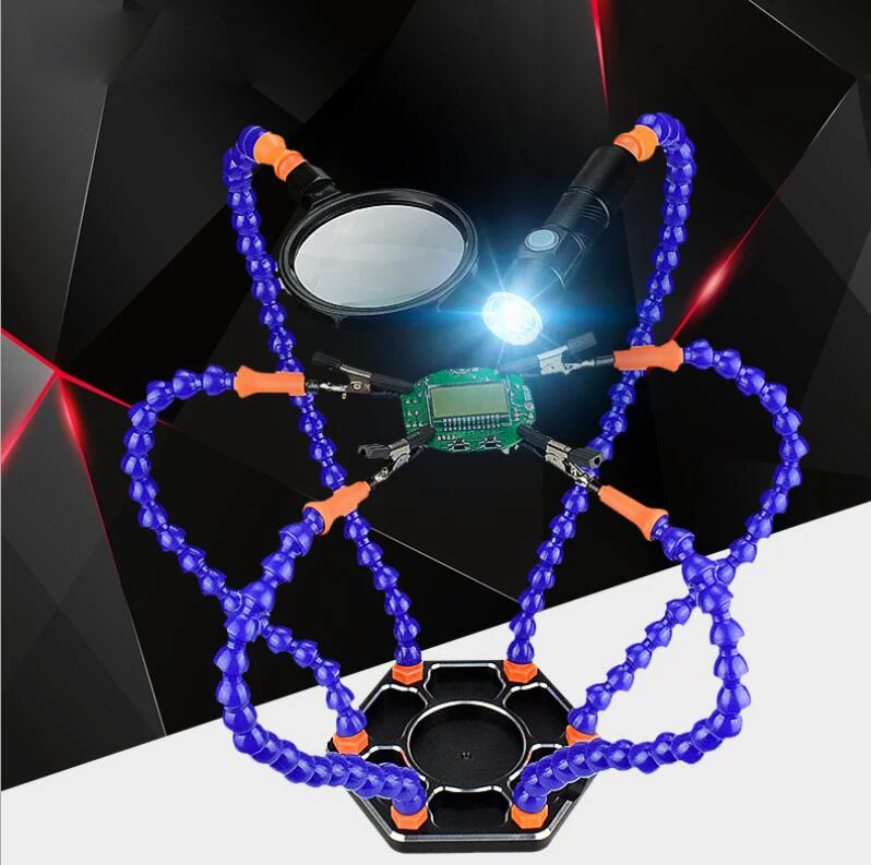 

Third Hand Soldering PCB Holder Tool Six Arms Helping Hands with Magnifying Glass Lens USB Charge Mini LED Flashlight