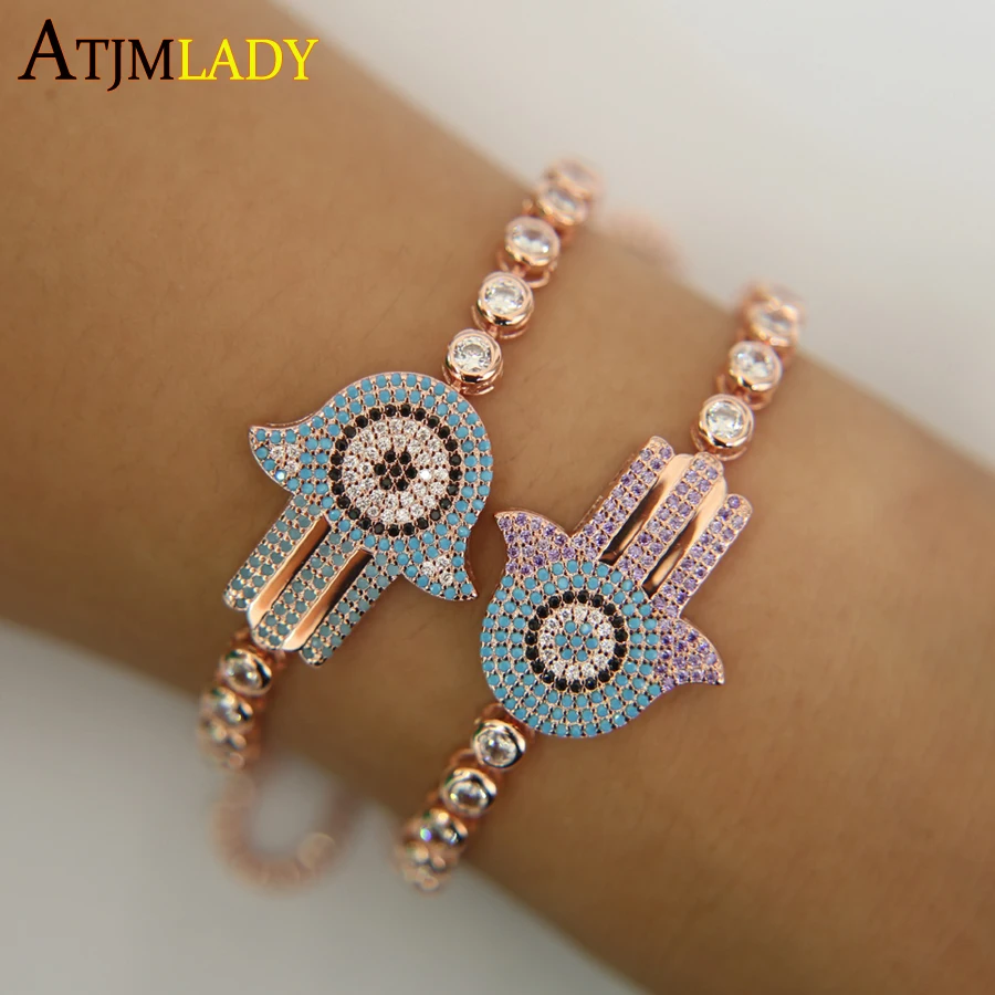 Распродажа Веревка Цепь медь известный бренд дизайн Хамса браслет, соединенный с кольцом на пальце для женщин микро проложить теннис cz-цепочка горячие ювелирные изделия