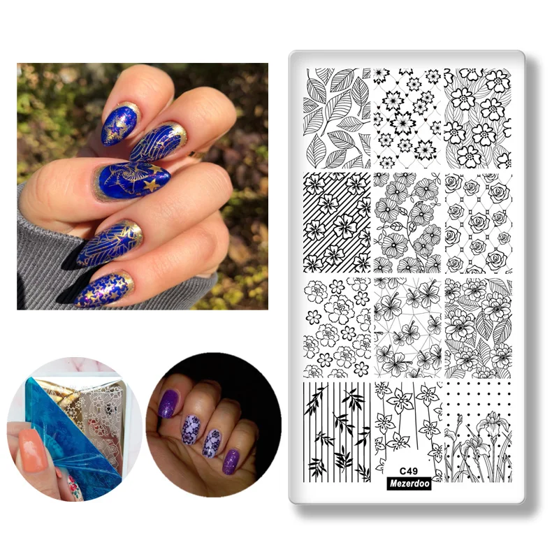 

Flower Leaf Theme Rectangle Nail Art Stamp Template Image Plate Lace Grid Dot Pattern Nail Stamping Plate with White Pad C49