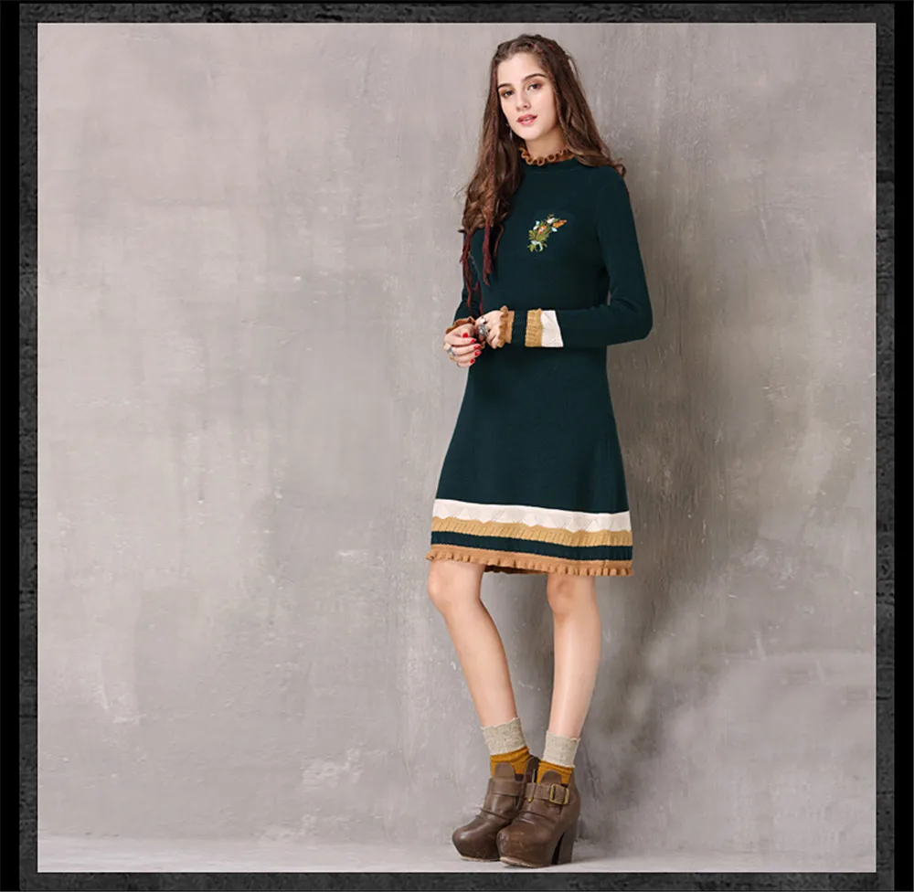 Vintage Winter Sweater Dress Women Green Casual Elasticity Cotton Dresses Autumn Knitting Ruffles-Neck Long Sleeve Dresses (11)