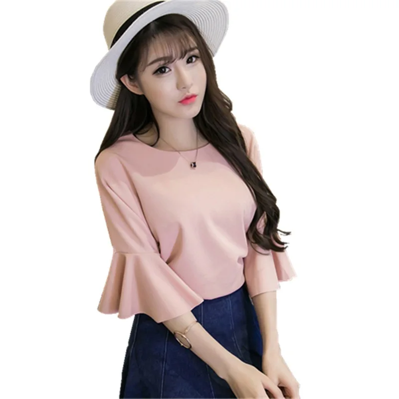 

Women 2018 Fashion T Shirt Women O Neck Ruffles Flare Sleeve Shirt Women Slim T-shirt Tops