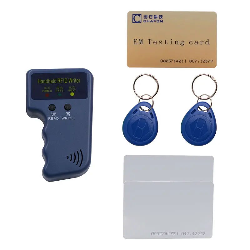 bilder für Handheld 125 Khz EM4100 RFID copier/writer/duplicator (T5557/T5577/EM4305) mit 2 stücke beschreibbare keyfobs und 2 stücke karten bilder für Handheld 125 Khz EM4100 RFID copier/writer/duplicator (T5557/T5577/EM4305) mit 2 stücke beschreibbare keyfobs und 2 stücke karten