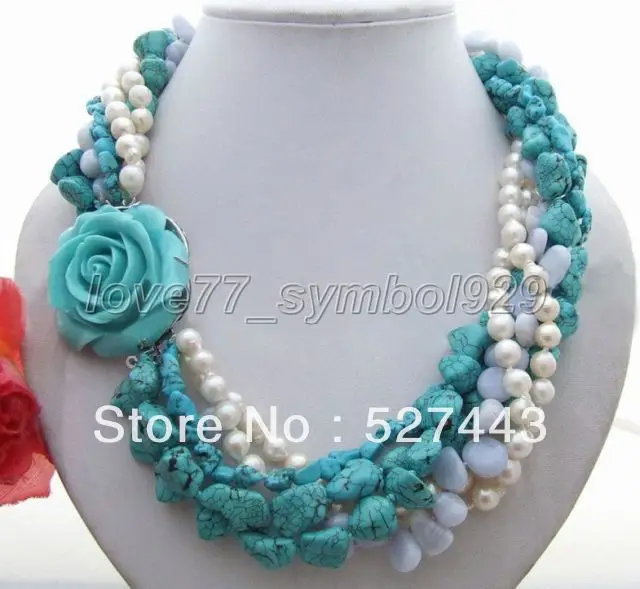 

Wholesale free shipping >>Excellent ! Pearl@Turquoise@Blue Chalcedony Necklace
