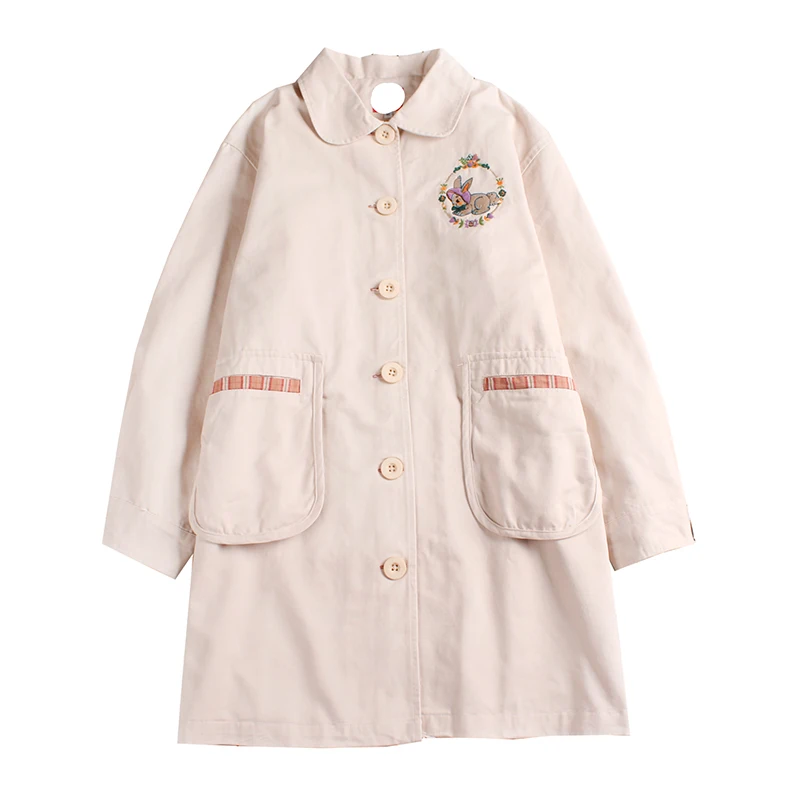 

2018 Autumn Women Trench Coats Cartoon Rabbit Embroidery Khaki Long Coat Ladies Basic Trench Coat Cotton Preppy Spring Outwear