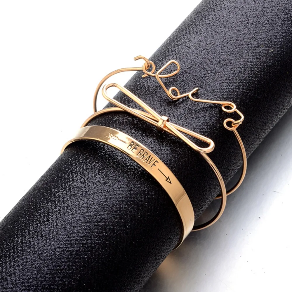 3 шт новая открытая Золотая Серебряная Буква Love BE BRAVE Bowknot Набор браслетов Модный